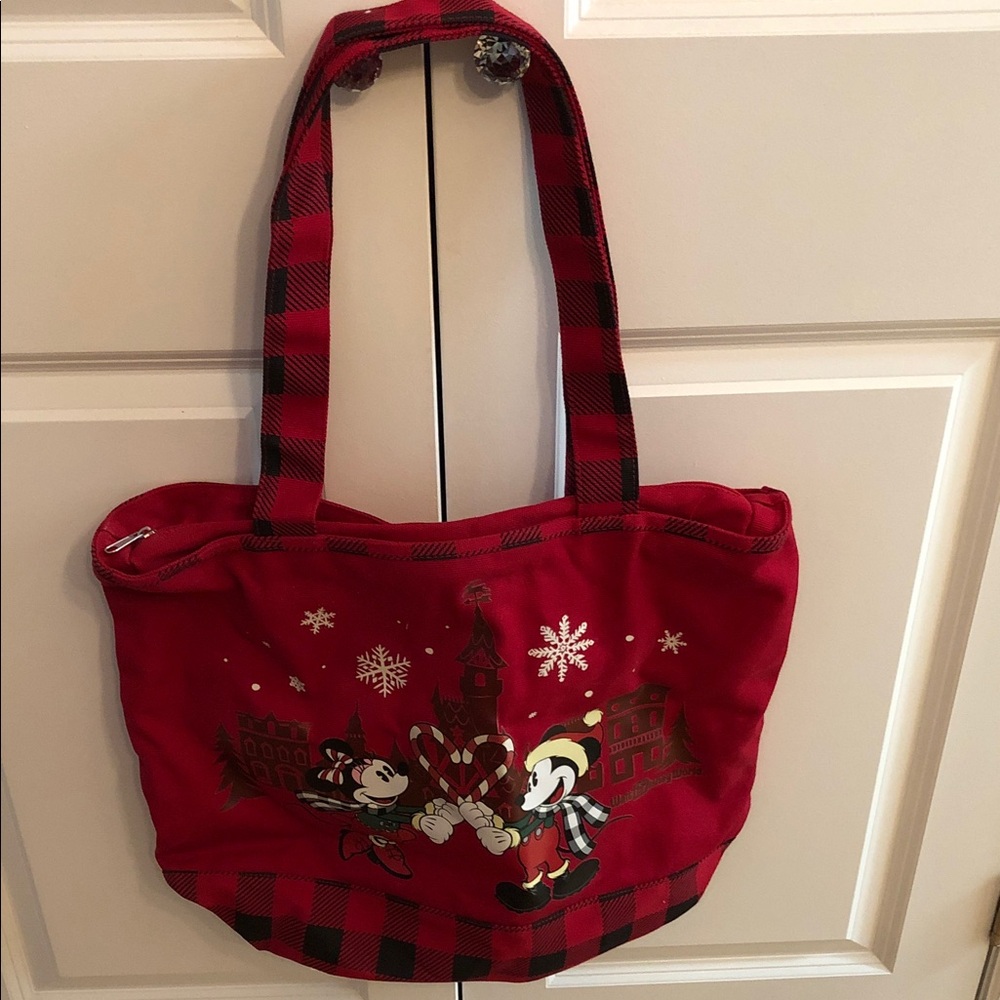 Red Mickey and Minnie Mouse Holiday Character Tote Bag with Plaid Trim